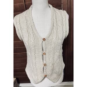 Vintage 80s Beige Sweater Vest Women’s Large Button Front Cable Knit
